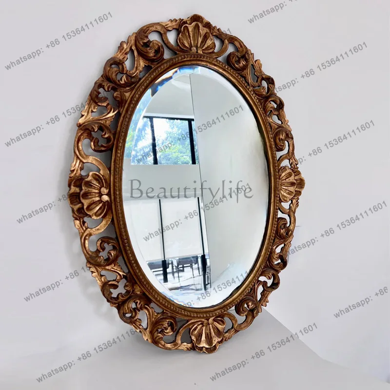 French retro carved oval frame cosmetic mirror retro light luxury wall-mounted mirror