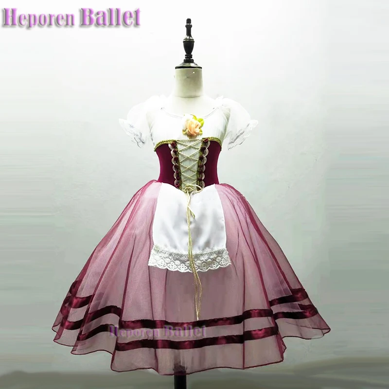 

Customization Burgundy Giselle Ballet Dress With Apron Drop Ship,Wine Red Soft Tulle Ballet Long Dresses