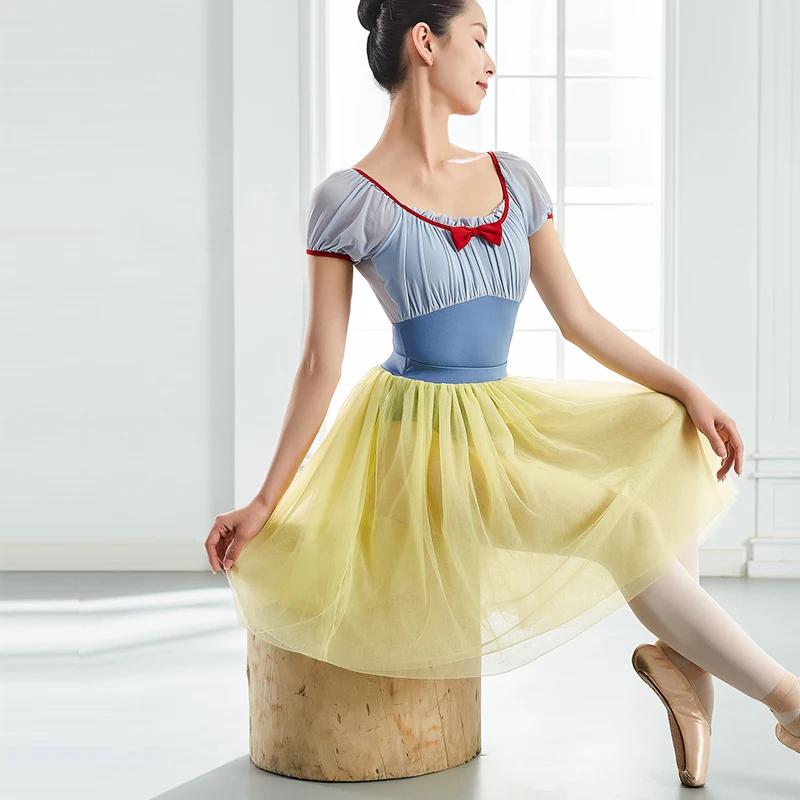 Snow White Leotard Puff Short Sleeve Dancewear Female Ballet Clothes Ballerina Leotard Blue Swimsuit Sparkly Outfit Girls