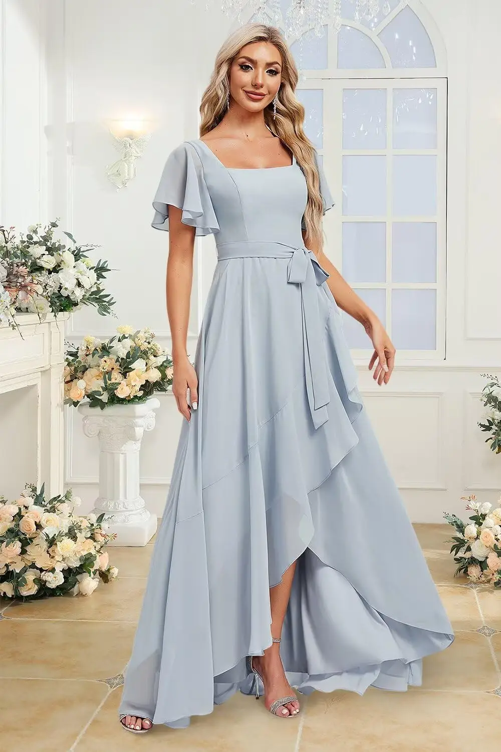 Women's Chiffon Bridesmaid Dress with Flowing Ruffle, Square Sleeves, Tie Pockets, Evening Gown Long Ball Gow Women Evening Gown