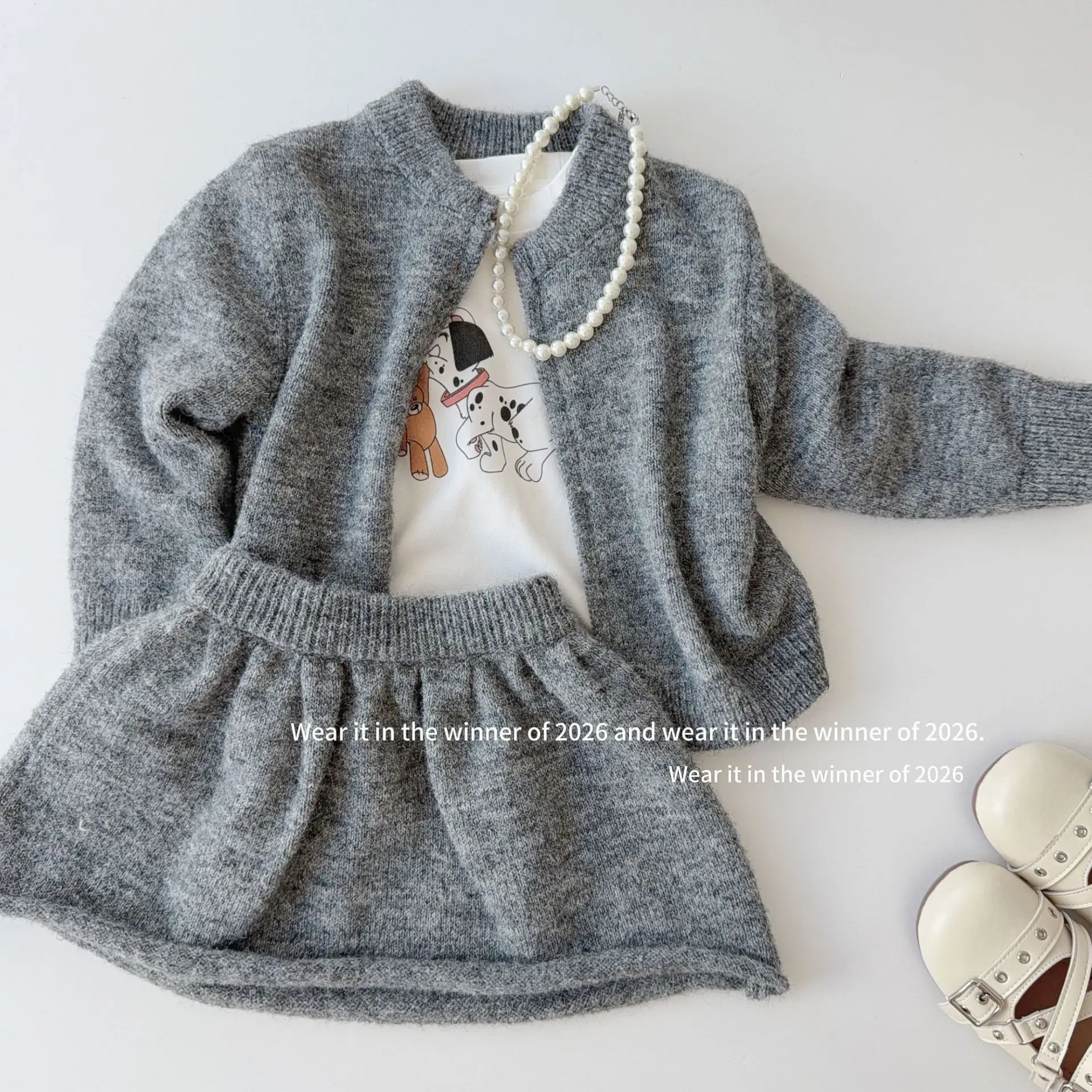 Girls' Autumn and Winter New Korean Solid Simple Zipper Round Neck Sweater Cardigan Rolled Up Woolen Skirt Two Piece Set