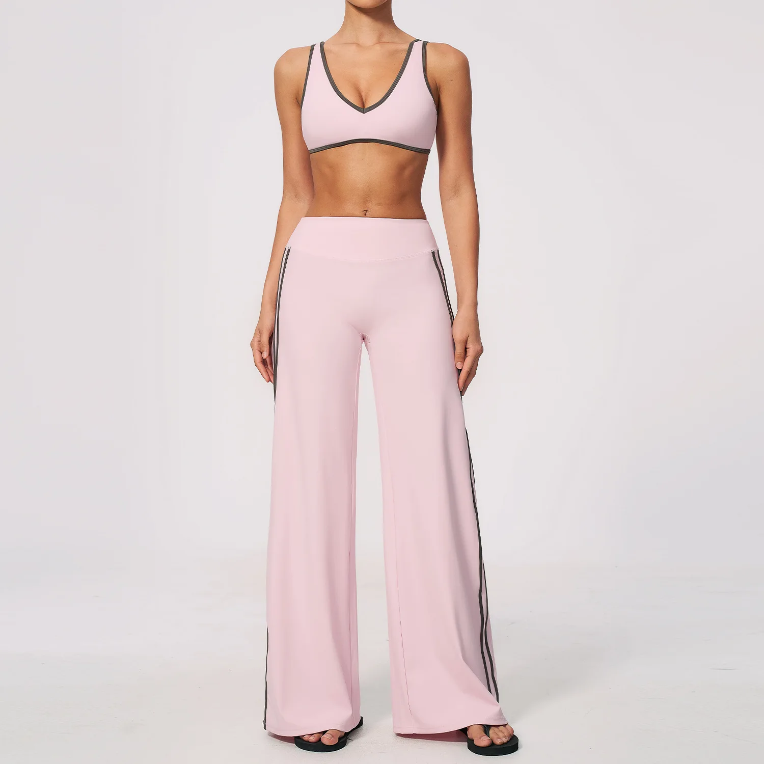 Contrast Color Yoga Set Shockproof Sports Bra Side Striped Wide Leg Trousers Tracksuit Hip Lifting Workout Fitness Running Suit