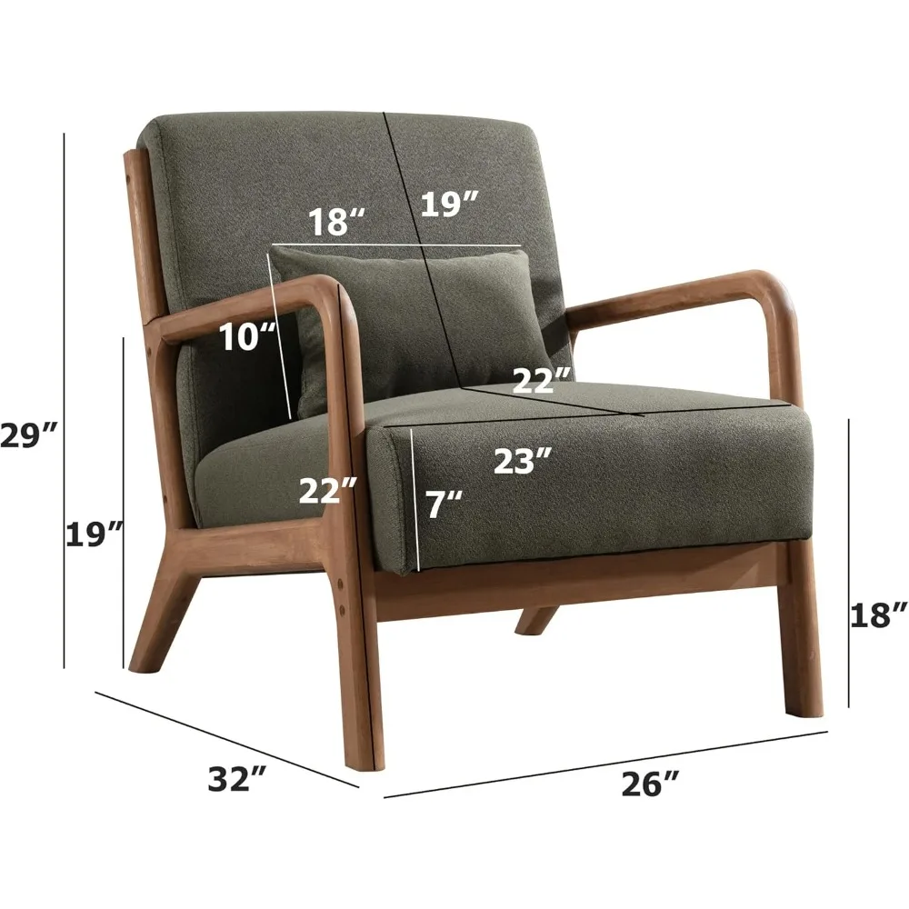 INZOY Mid Century Modern Accent Chair with Wood Frame, Upholstered Living Room Chairs with Waist Cushion, Reading Armchair