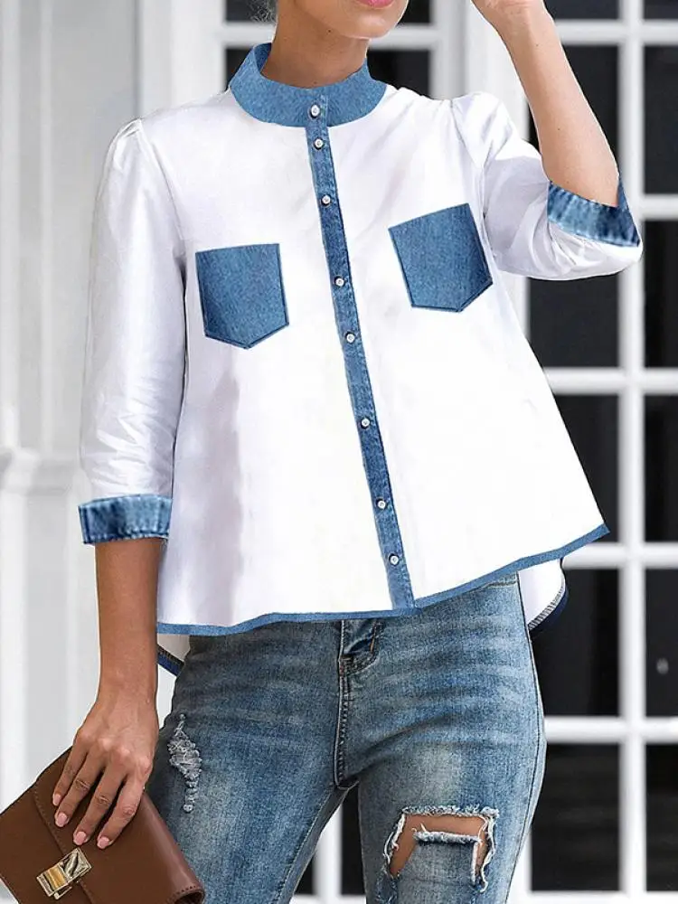 

Yeezzi 2024 New Women Fashion Fake Pockets Patchwork Blouses Spring Summer High-Low Buttoned Mock Neck Casual Shirts Tops