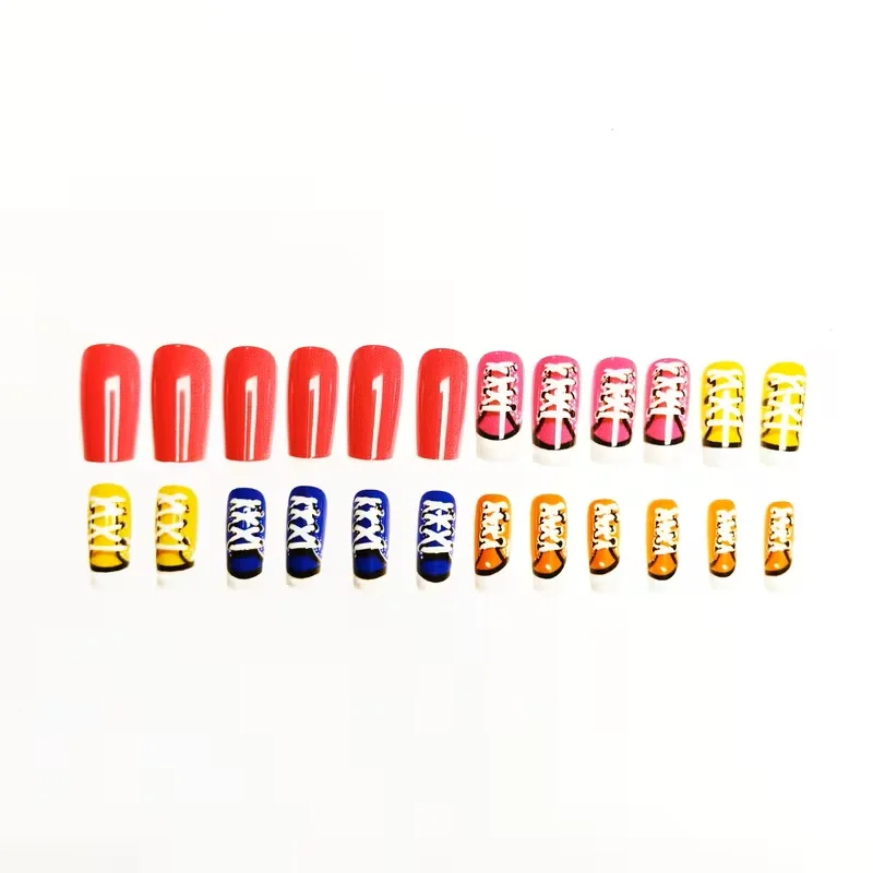 24pcs Press-On Nails Various Colors Canvas Shoe Style Design False Nail Short Ballet Shape Fake Nails Glossy Removable Nail