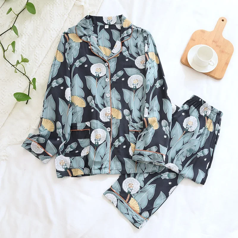 New spring and autumn ladies pajamas 100% viscose long-sleeved home clothes pure cotton flowers plus size two piece set summer