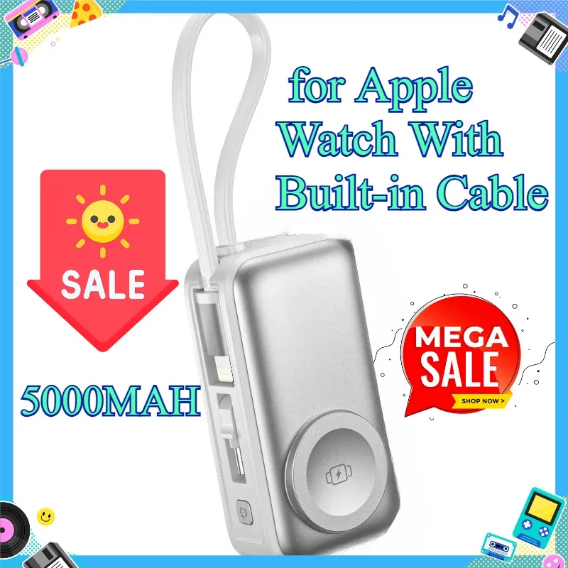 5000MAH S18 3‑in‑1 Wireless Power Bank Dual Type‑C Port Portable Handheld Wireless Charger for Apple Watch With Built‑in Cable