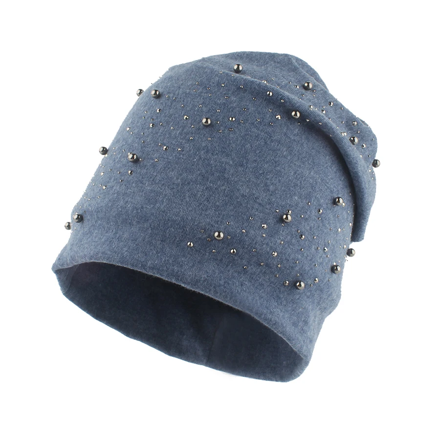 2024 New Women Winter Solid Color Knitted Beanie Hat Skullies Rhinestonre Pearl Baggy Slouchy Ladies Girls Skull Cap Bonnet