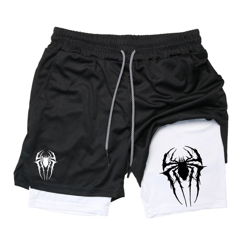 Spider Graphic 2 in 1 Compression Shorts for Men Gym Workout Running Performance Shorts with Phone Pocket Athletic Active Wear