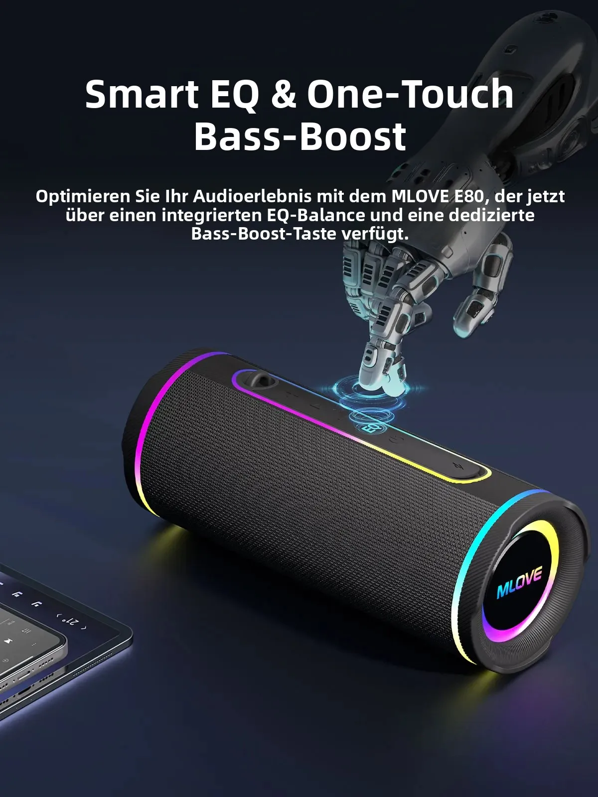 MLOVE E80 Tragbarer Bluetooth-Lautsprecher – Leistungsstarker Dual-Sound, Farbenfrohe RGB-Beleuchtung, Vollständig wasserdicht (IPX7), TWS-fähig – Bild 2