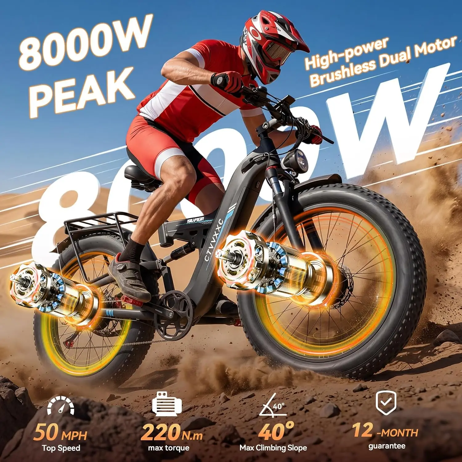 8000W Peak Dual Motor Electric Bicycle Adults 50MPH Fast Hunting Off Road, Customized