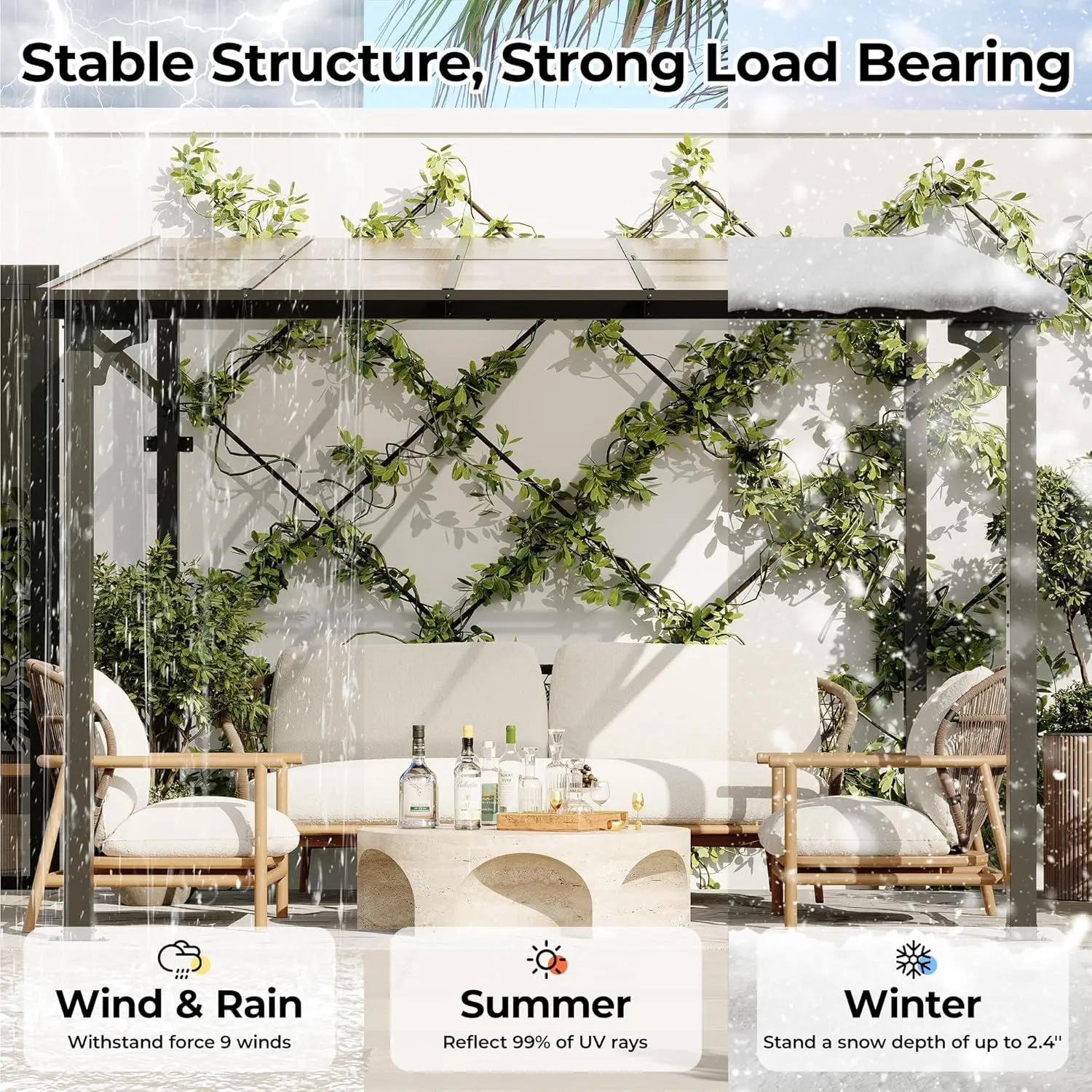 10'x10' Wall Mounted Gazebo, Hard Top Lean-to Pergola with Heavy Duty Metal Frame, Large Outdoor Patio Backyard Shelter view 3