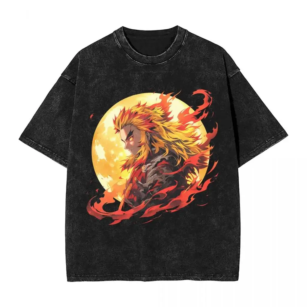 

2026 Hot Anime Demon Slayer Rengoku Graphic Tshirt Men Women Cotton Streetwear Washed Oversized Tee Harajuku Manga T Shirt Y2k