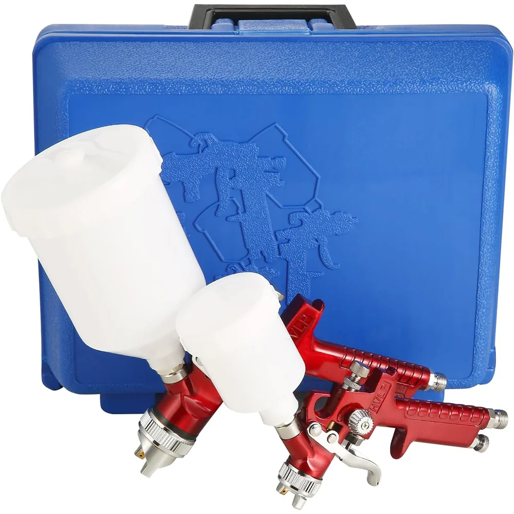 HVLP autospuitpistoolset 0,8 mm / 1,4 mm professioneel draadloos pneumatisch gereedschap zwaartekrachtspuit voor autoprimer / muurverf / meubeloppervlak spuiten, hoge verneveling verfspuitgereedschap op waterbasis