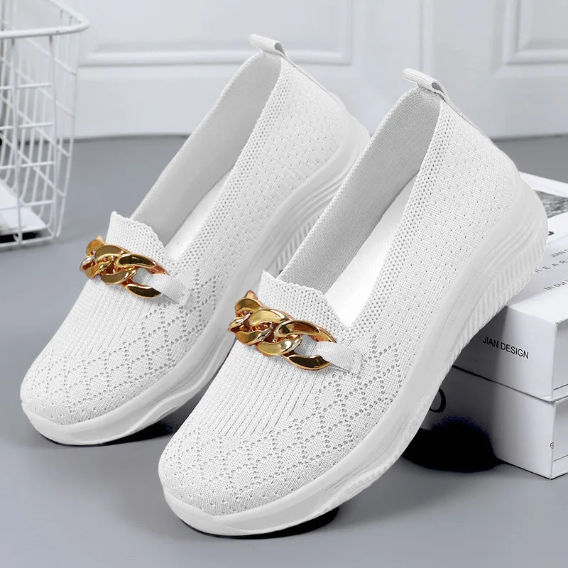 Women Sneakers Fashion Breathable Loafers Women Metal Chain Casual Shoes Slip on Soft Walking Shoes Flats Woman Zapatillas Mujer