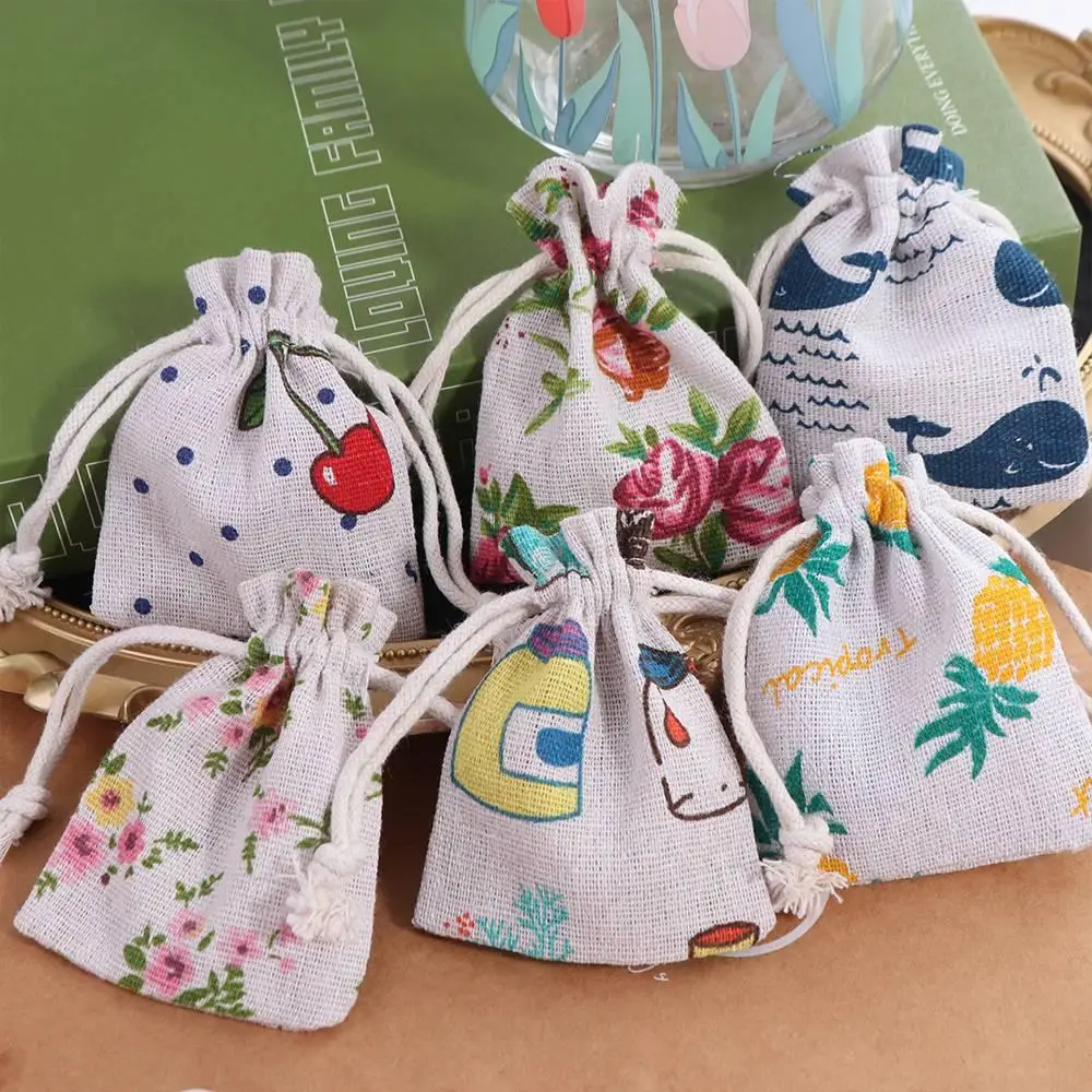 Dustproof Mini Drawstring Linen Pouch Flower Cartoon Packaging Coin Purse Cherry Whale Jewelry Storage Bag Gift Bag