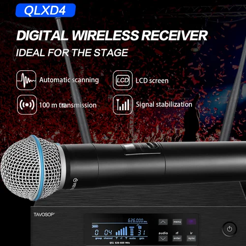 Imagen 2 del producto TAVOSOP QLXD4 BETA58A sistema con micrófono inalámbrico profesional UHF micrófono de mano para actuación en escenario canto y fiesta