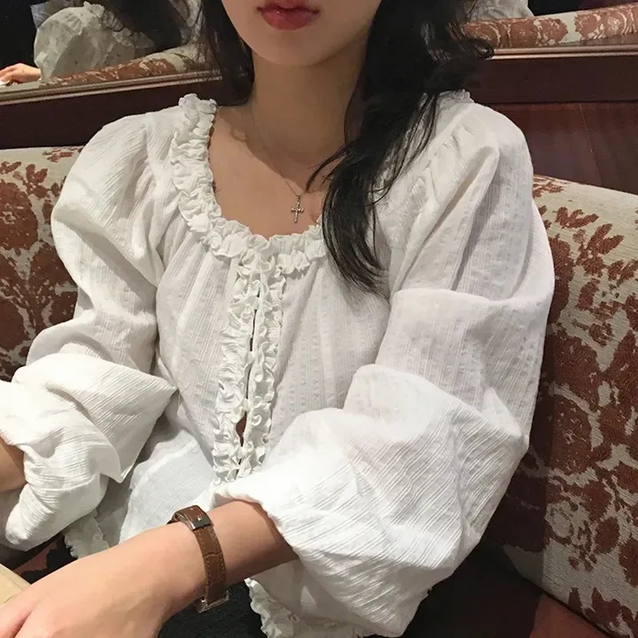 여성용 스위트 버블 슬리브 오프숄더 나무 장식 투웨이 착용 루즈핏 롱 슬리브 비즈니스 캐주얼...