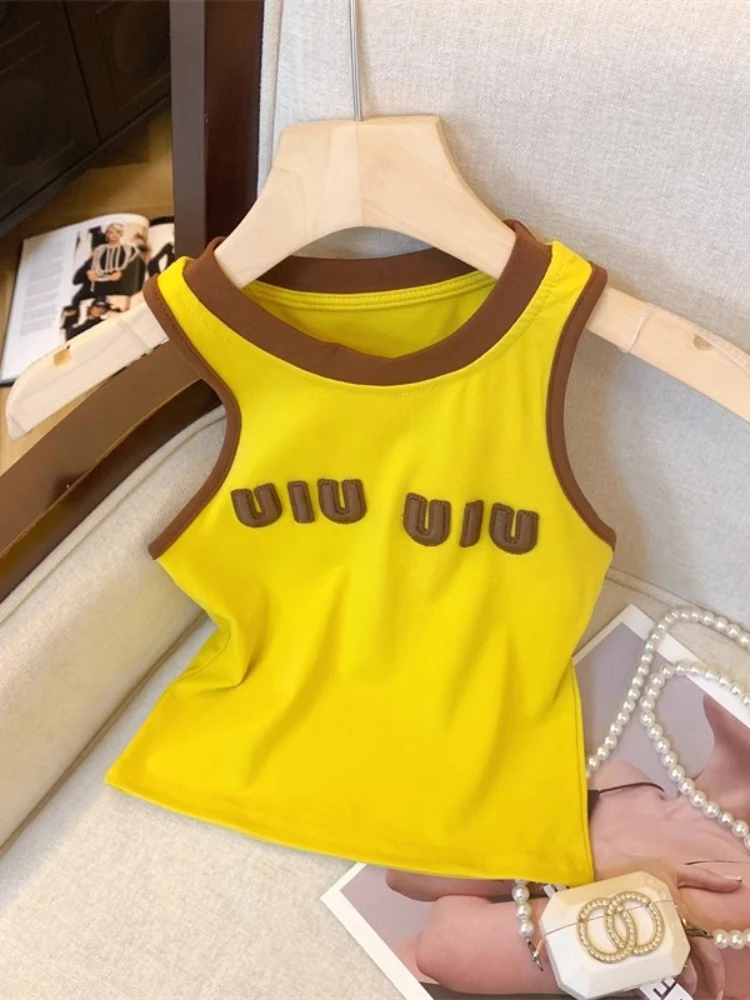 

Vintage Y2k Yellow Vest Summer Fashion Contrasting Sleeveless Knitted Top Korean Ins Dopamine Slim Fit Casual Tank Women