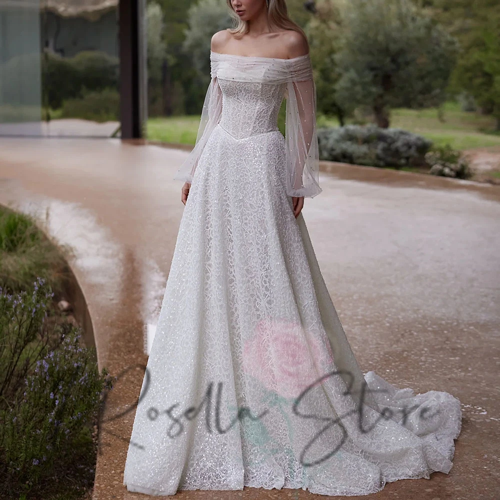 

LRosella Strapless Lace Pearls Bridal Gown With Tulle Bateau Long Sleeves Elegant Wedding Dresses vestidos de novia 2025