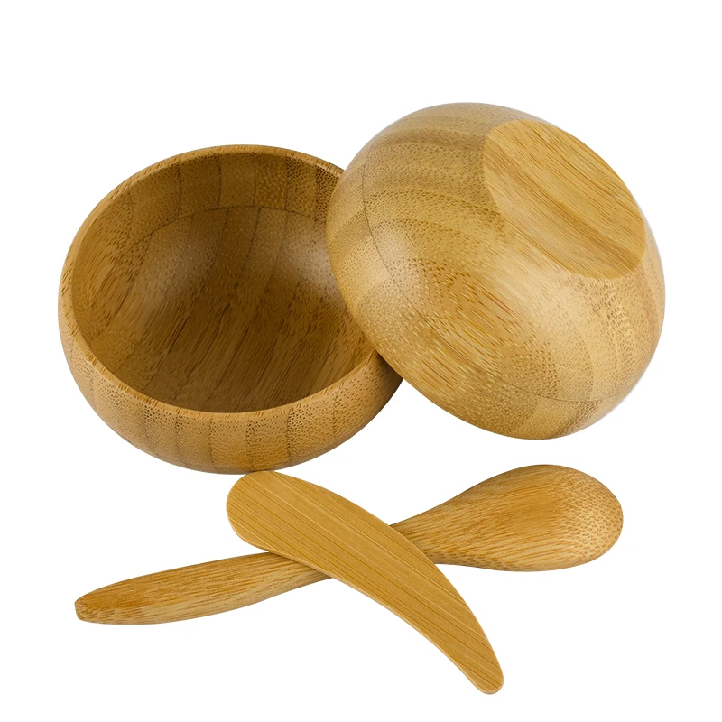 Eco friendly Handmade 100% Natural Round face mask and brush small mini size bamboo wooden bowl and spoon