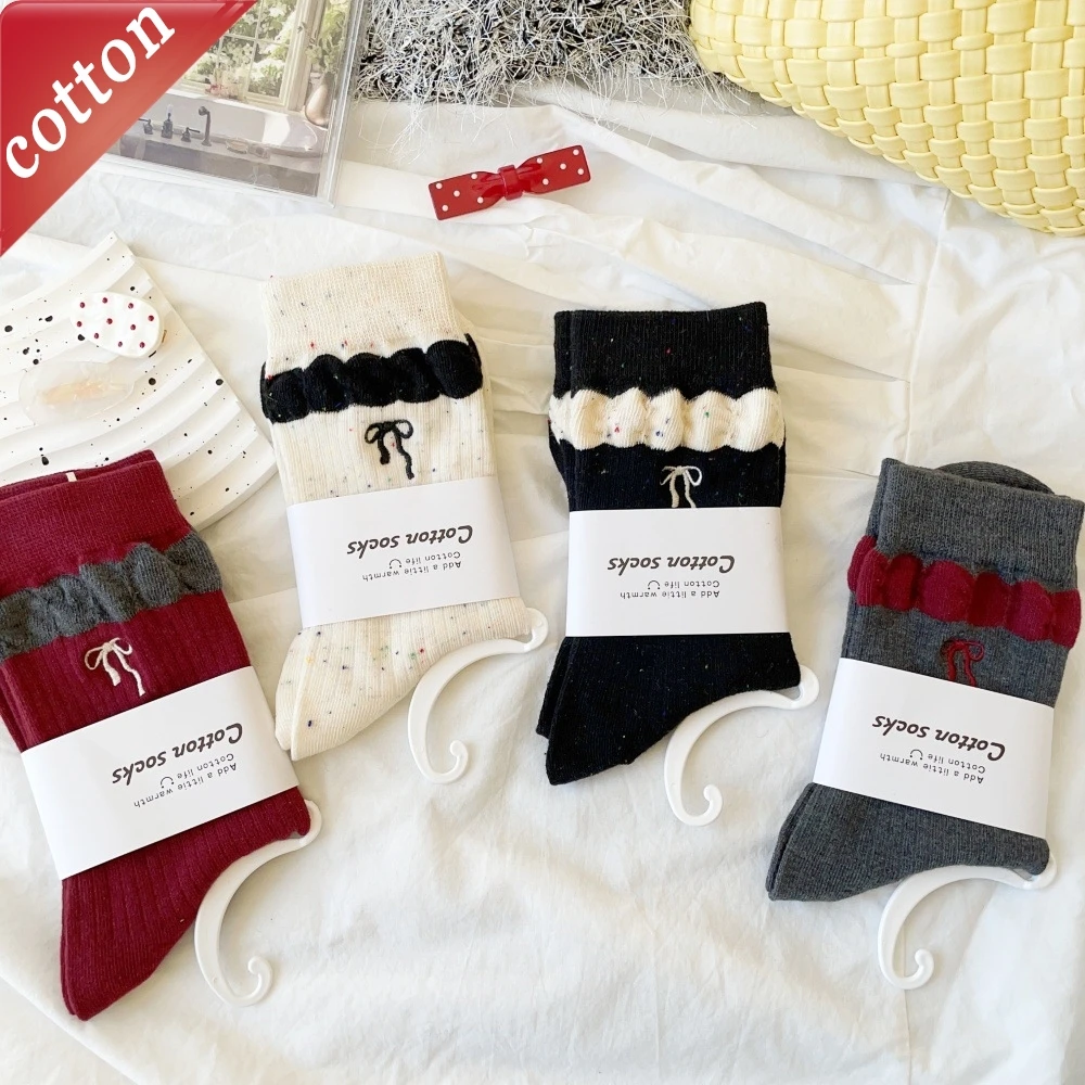 

4 Pairs Women's Socks Pack Korean High-quality Cotton Socks For Girl Bow Lace Kawaii Sweet Harajuku Versatile Mid Tube Socks