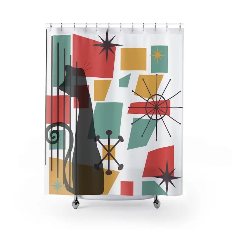 Atomic Cat Shower Curtain, Mid Century Modern Bathroom Decor, Retro Bath Accessory
