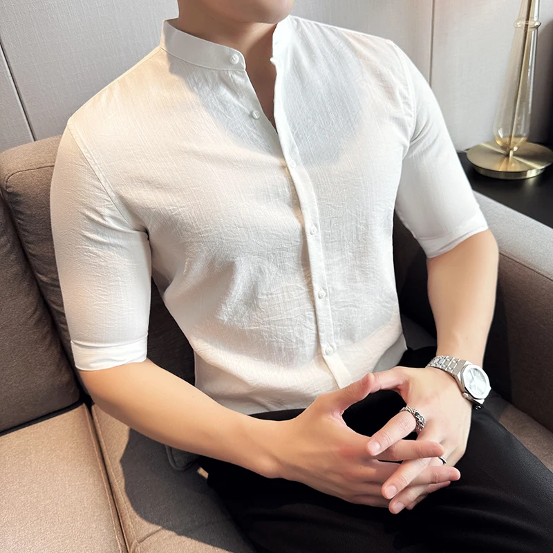 

Men Chinese Stand Up Collar Linen Shirt Short Sleeved 2024 Summer Light and Thin Solid Color Casual Slim Fit Shirt Men Clothing