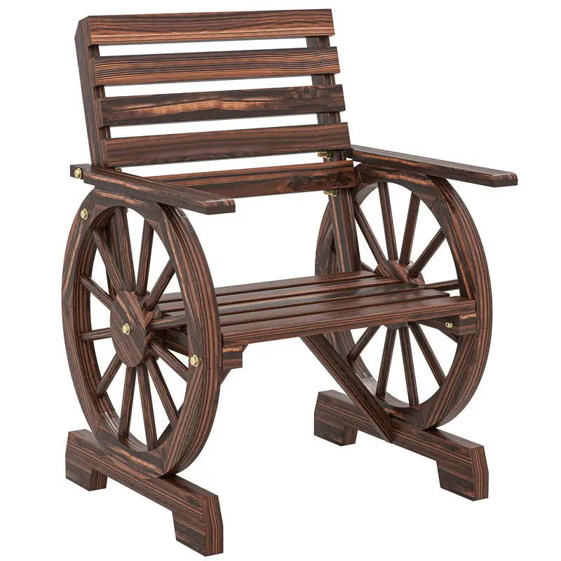 Chaise de jardin en bois, style roue de chariot, assise large à lattes, dossier inclinable, 66x55x90cm, finition carbonisée