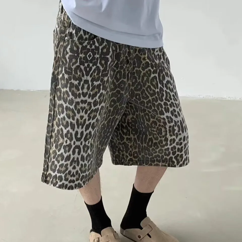 Men Leopard Ins Chic Denim Shorts Male Summer Knee Length Senior Y2K Ins Chic Shorts Boy Trendy Unisex Handsome Gentlemen Shorts