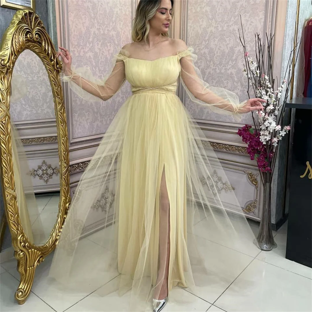 

Tulle Long Lantern Sleeve A-line Evening Dresses Off the Shoulder Sequins Belt Bridesmaid Dress Elegant Night Party Prom Dress