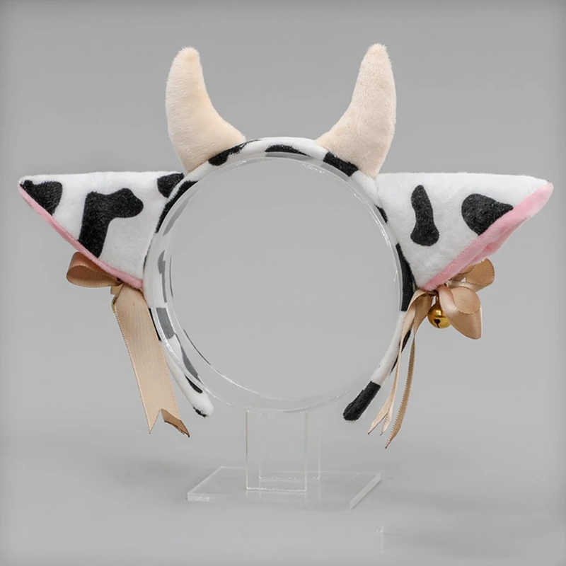 Cartoon Plush Cow Ears Horn Headband with Small Bells Ribbon Bow Anime Lolita Hair Hoop Kawaii Animal Party Cosplay Costume Girl