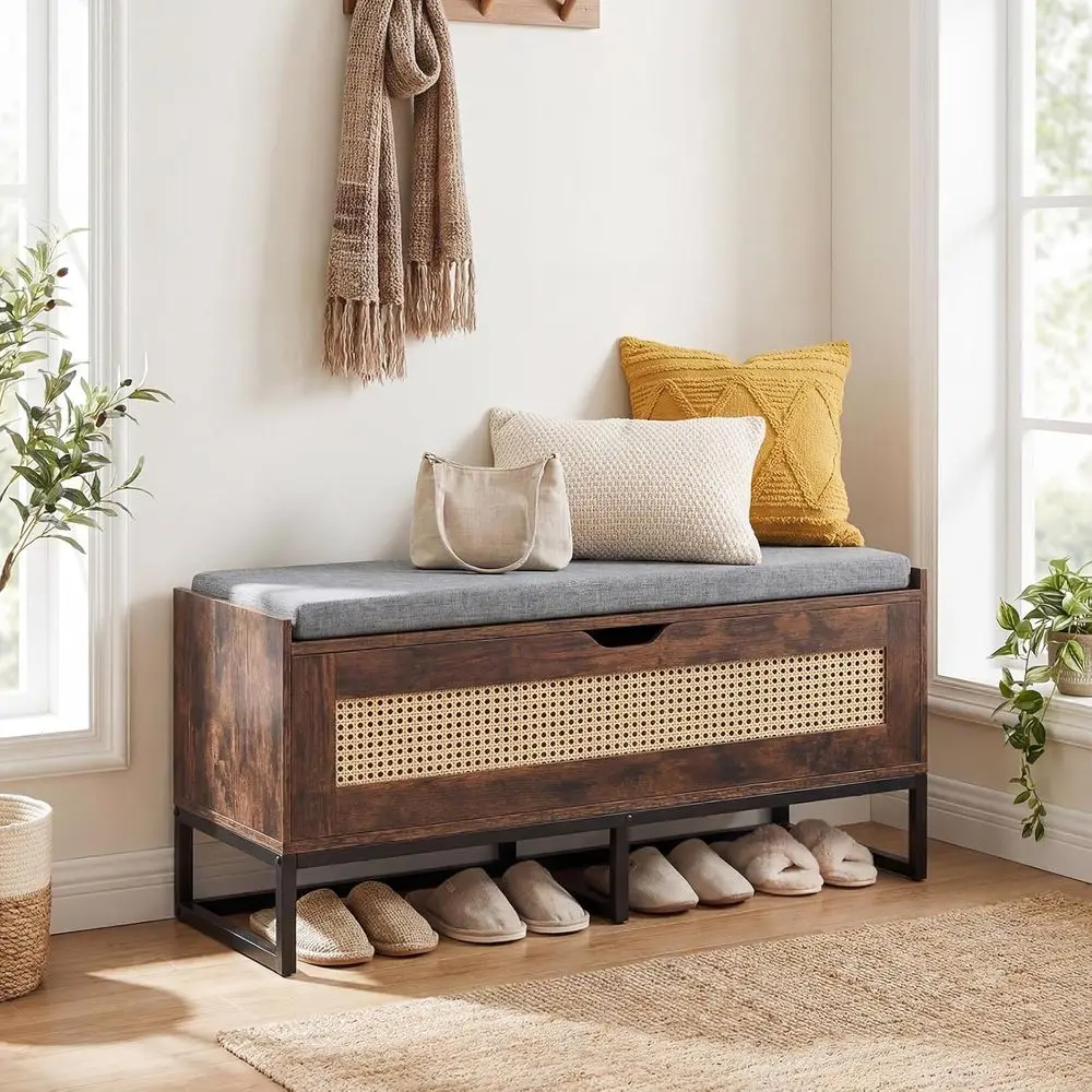 

Rustic Brown & Black Wooden Shoe Bench with Removable Cushion and Storage for Entryway or Bedroom