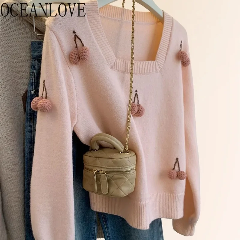 OCEANLOVE Pink Square Neck Women Sweaters Sweet Autumn Winter Cherry Short Pullovers Korean Fashion Elegant Pull Femme