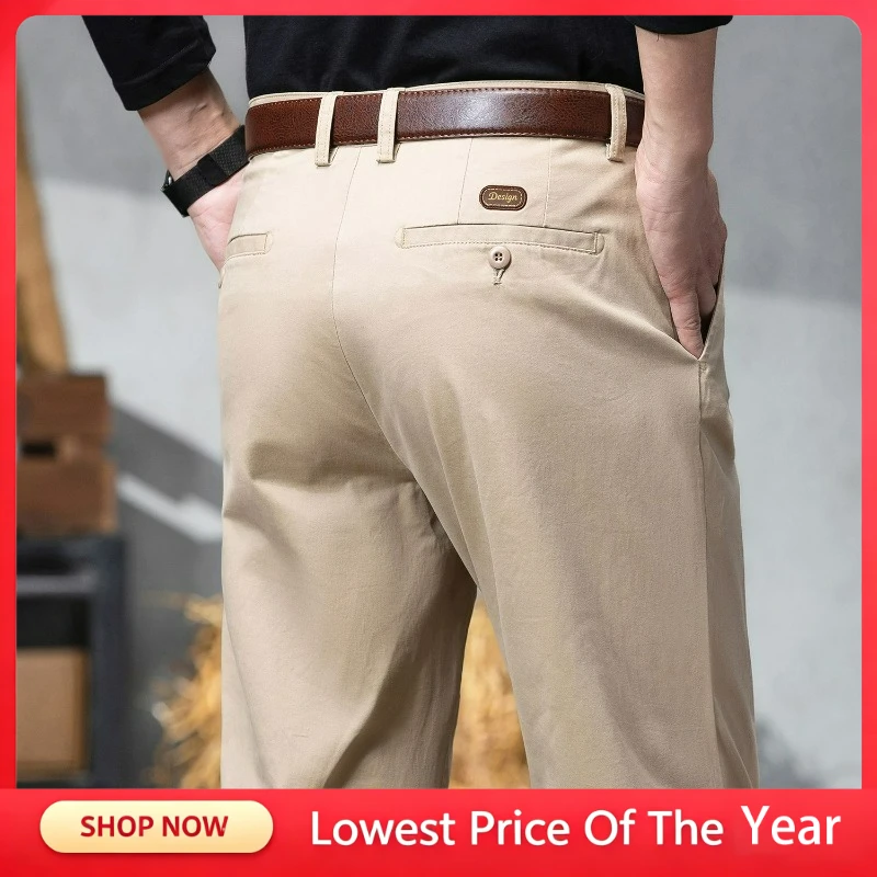 New Men's Autumn Winter Business Casual Cotton Pants Straight Fit Pocket Work Suit Trousers Plus Size Fashion Loose High Quality