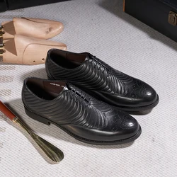 Genuine leather men's oxford shoes brogue style wingtip wings lace-up formal shoes business suit wedding party men shoes