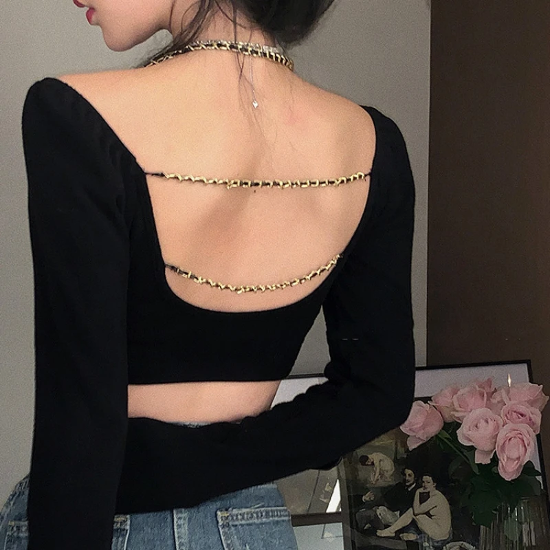 Black T-shirts Women Slash Neck Chain Halter Sexy Long Sleeve Crop Tops Hot Girls Irregular Slim Backless Design Simple Fashion