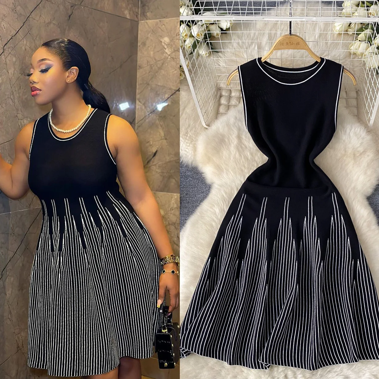European and American Simple Sleeveless Crewneck Striped Knitted Dress Women's Summer Tight Waist Design Vestidos