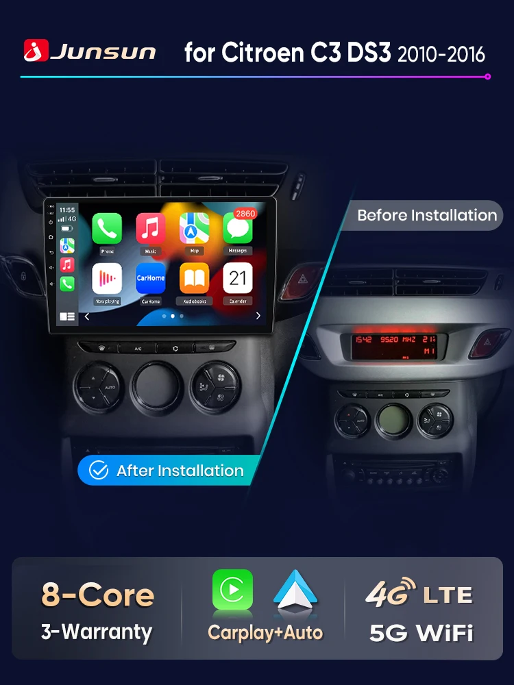 Junsun Android Auto Autoradio für Citroen C3 DS3 2010 2011 2012 2013 2014 2015 2016 Multimedia Wireless Apple CarPlay Intelligente Systeme IPS Touchscreen Stereo Videoplayer 2 Din Autoradio Head Unit