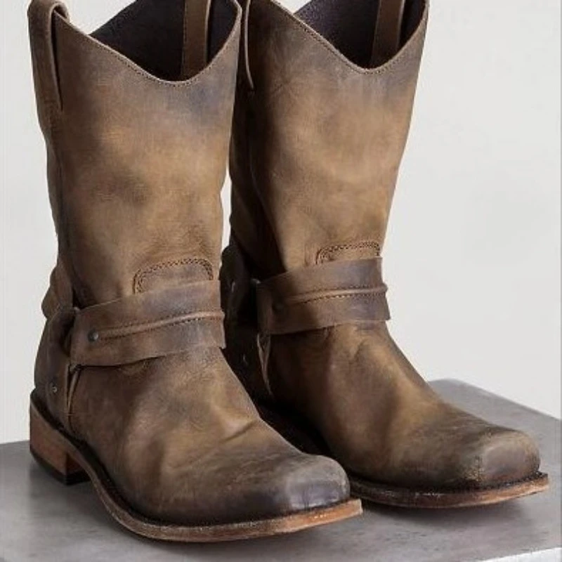 Image of Retro Herren Chelsea Stiefel Low Heel Damen Mittelkalb Stiefel Trend PU Leder Paar Western Cowboy Stiefel Slip on Stiefel für Männer Neu