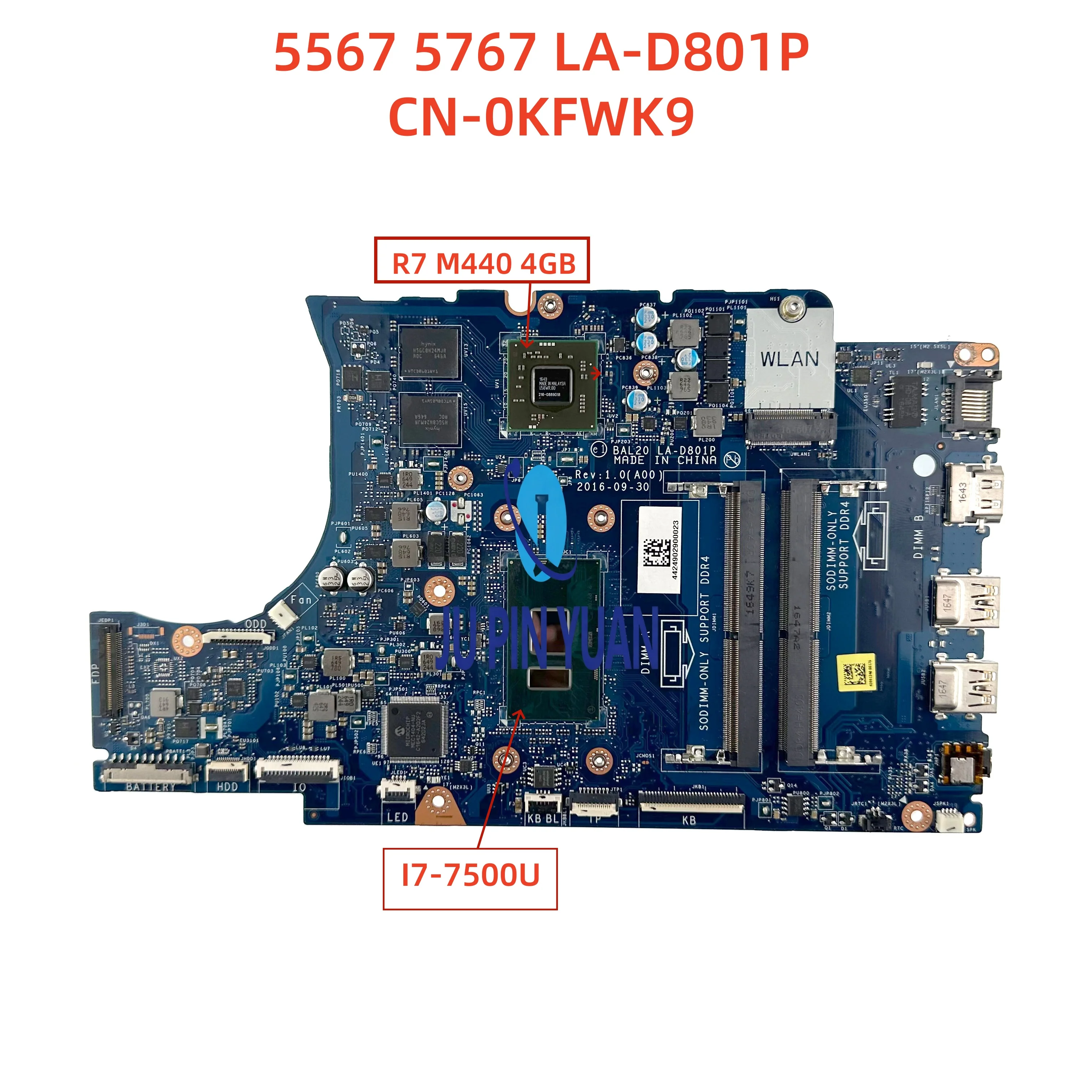 CN-0KFWK9 0KFWK9 Placa Base para Portátil Dell Inspiron 5567 5767 BAL20 LA-D801P con I7-7500U R7 M440 GPU 100% Probada