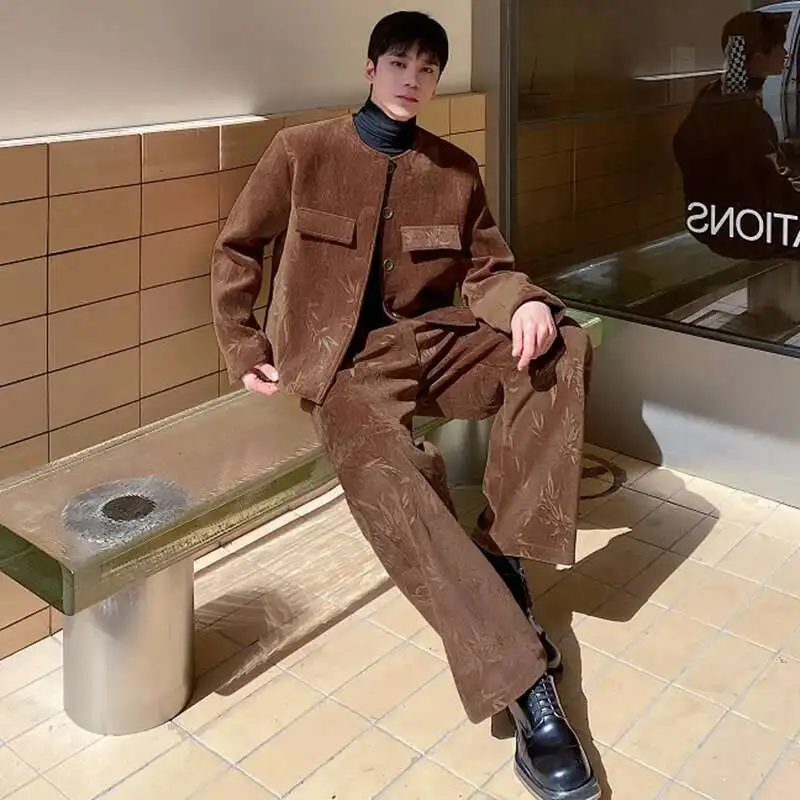 LUZHEN Chinese Style Woolen Two-piece Sets Men's Elegant Suit Short Jacket Straight Casual Pants New Fashion Male Clothes LZ7829