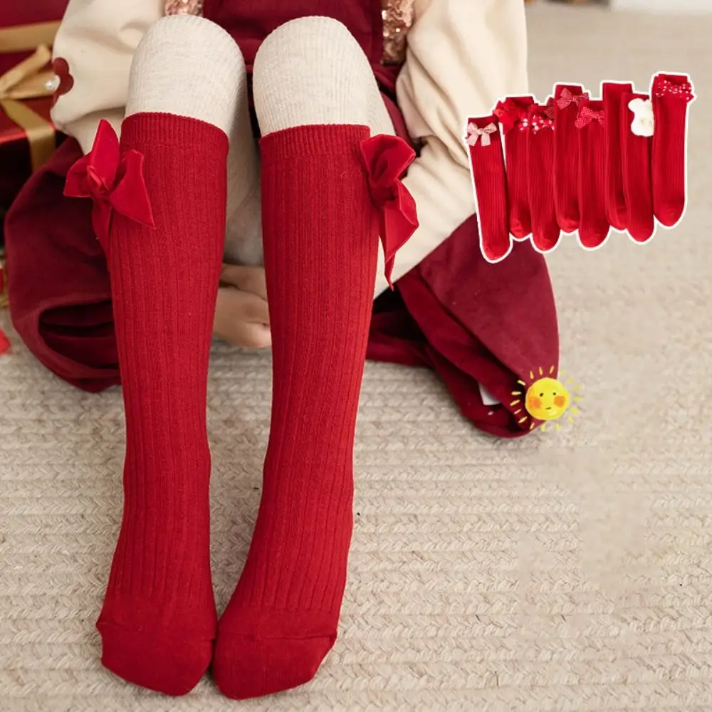 New Cotton Girls' Long Socks Red Stretch Children's Semi-High Socking Bow Ribbon New Year Socks New Year
