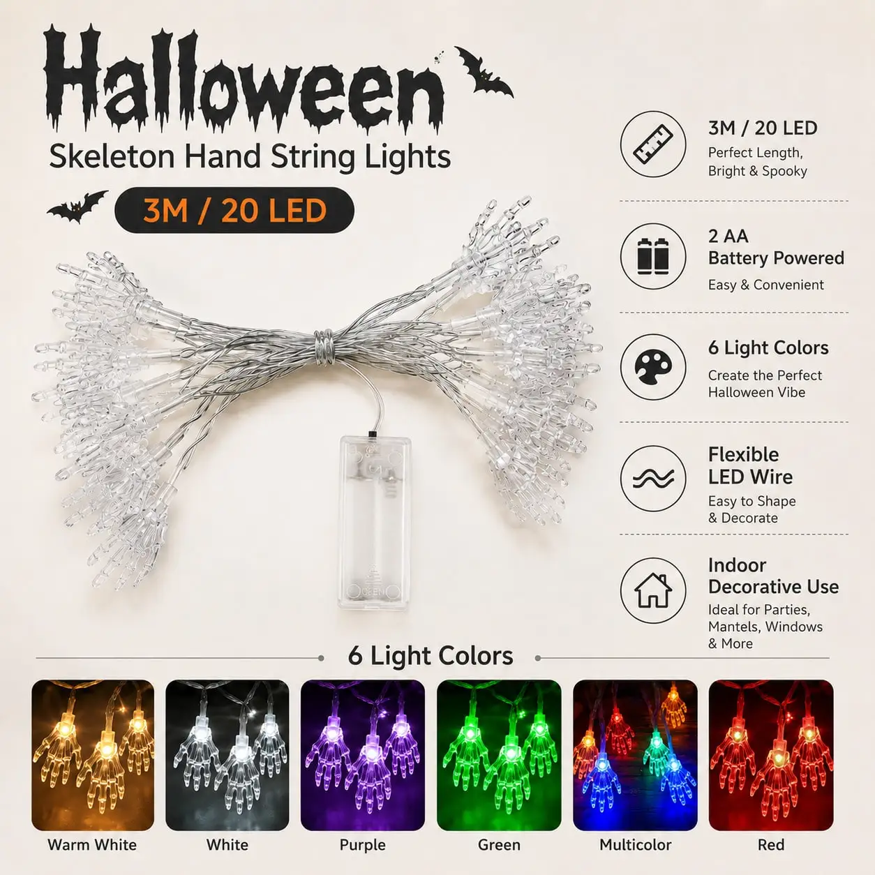 1pc 20LED Spooky Skeleton Hand String Light Battery Powered Scary Ghost Hand Hanging Lamp For Indoor Halloween Festival Decor