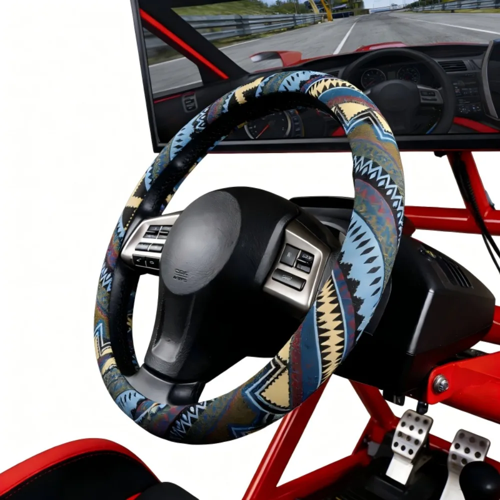 Bohemian Style Linen Car Steering Wheel Cover, Suitable for 37-38cm Round Steering Wheels, Breathable and Anti-slip Car Interior