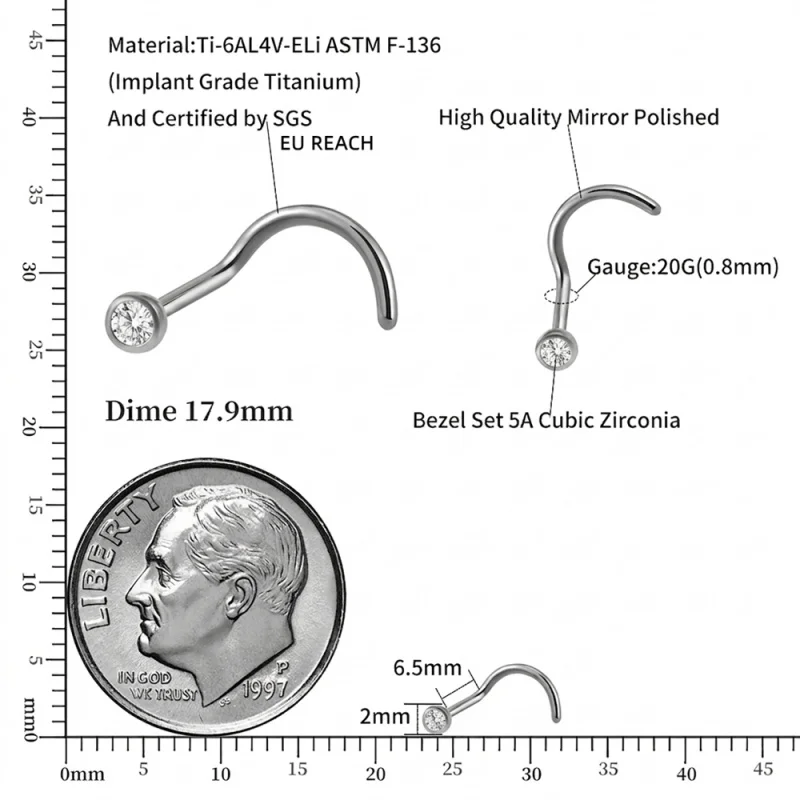 ASTM F136 Titanium 20G Nose Stud Ring Hypoallergenic CZ/Ball Corkscrew Nose Nostril Body Piercing Jewelry