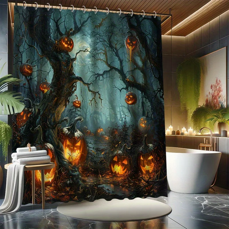 Shower Curtains Halloween, Pumpkin Head Bath Curtain Set, Horror Forest, Halloween Themed Shower Curtain