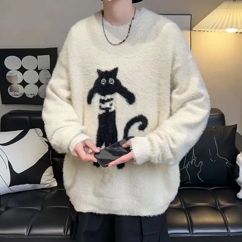 2024 Spring Mens Knitted Sweater American Street Fashion Cat Pattern Round Neck Knitwear Oversized High Street Hip Hop Pullovers