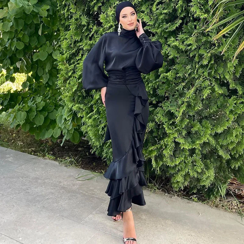 Satin Ruffles Tops Maxi Skirt 2 Piece Set Eid Ramadan Muslim Dress Women Dubai Abaya Turkey Kaftan Islamic Jalabiya Suit Outfits