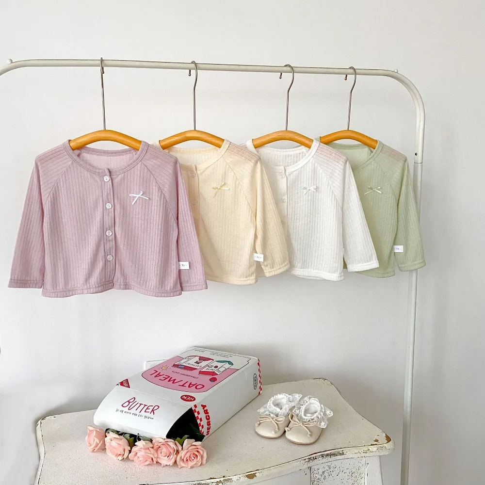 

INS летняя детская тонкая куртка для девочек 0-5 лет, однотонный кардиган с длинными рукавами и бантом для малышей, топы, солнцезащитная рубашка, одежда